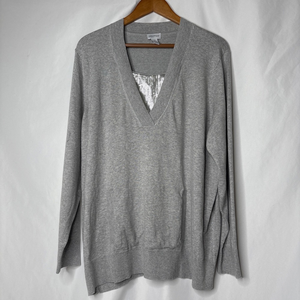 Chicos Zenergy Women's 3 (16) Sequin Shine Samantha Gray V-neck Sweater
